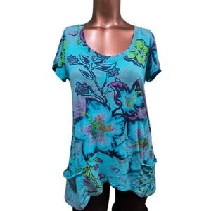 Fresh Produce Sharkbite Cotton Top with Bold Print and Pockets, Turquoise, Sz XS